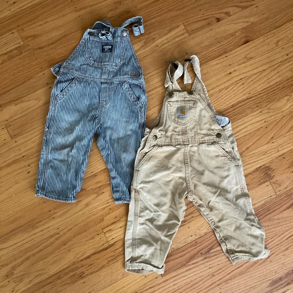 Toddler Striped Blue and Tan Overalls - Oshkosh and Carhartt